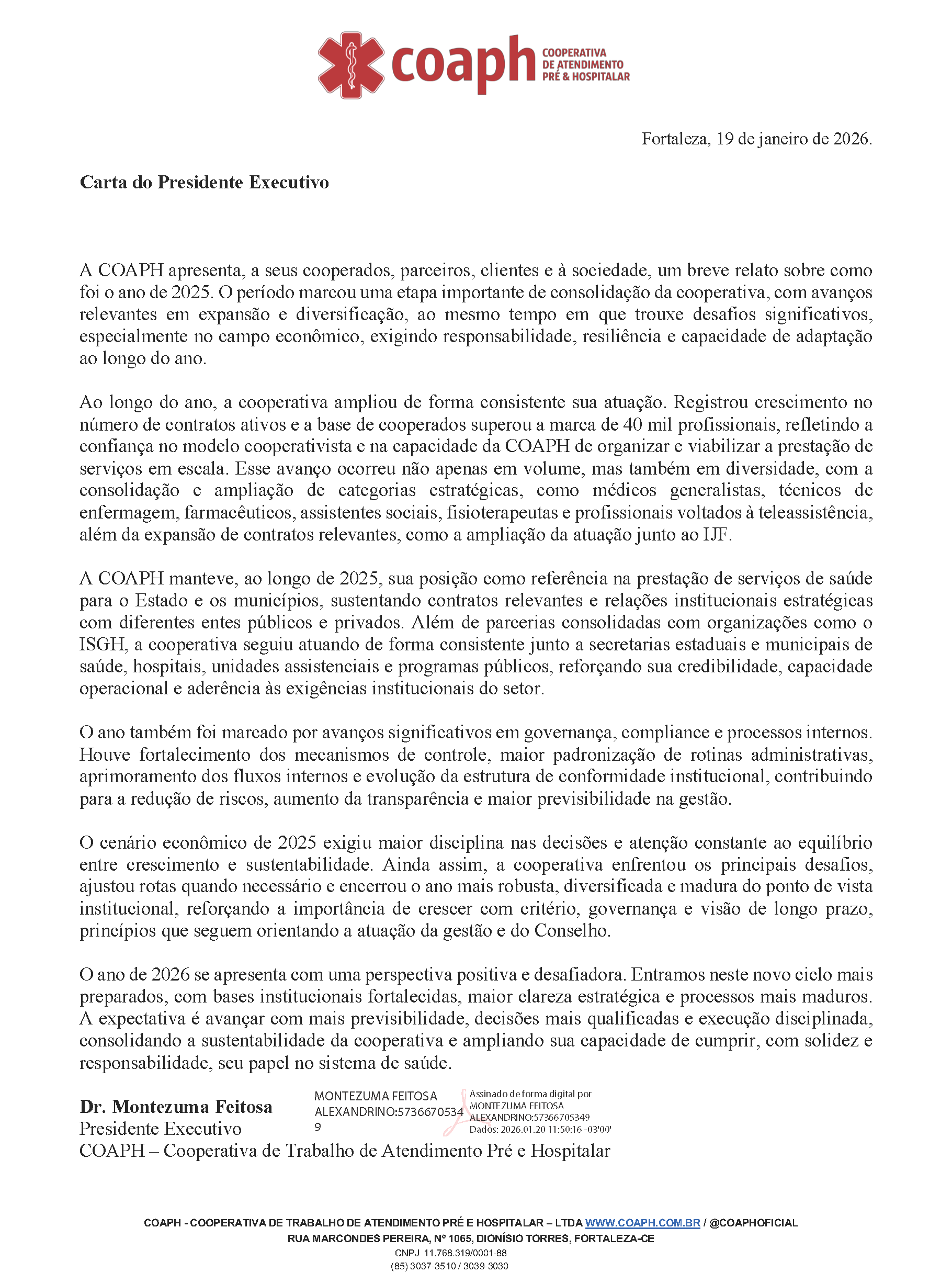 Carta do Presidente Executivo – Dr. Montezuma Feitosa